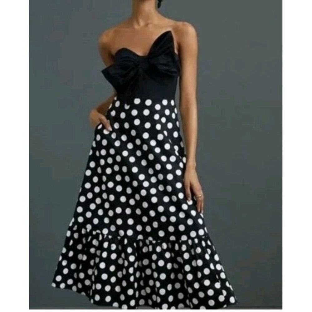 NWT Anthropologie Hutch Bow Tie Polka Dot Midi Dress 6 Black White